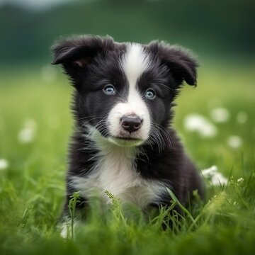 Border Collie puppy portrait on a sunny summer day. Closeup portrait of a cute purebred Border Collie pup in a field. Outdoor portrait of a beautiful puppy in a summer field. AI generated.