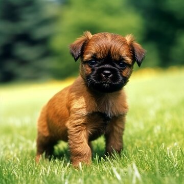 Brussels Griffon puppy standing on the green meadow in summer green field. Portrait of a cute Brussels Griffon pup standing on the grass with summer landscape in the background. AI generated dog