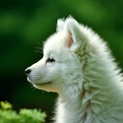 Profile portrait of a cute Samoyed puppy in the nature. Samoyed pup portrait on sunny summer day. Outdoor portrait of a beautiful young dog in a summer field. AI generated dog illustration.