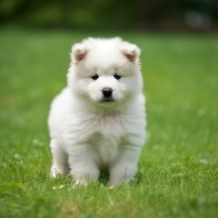 Fototapeta premium Samoyed puppy standing on the green meadow in summer green field. Portrait of a cute Samoyed pup standing on the grass with a summer landscape in the background. AI generated dog illustration.