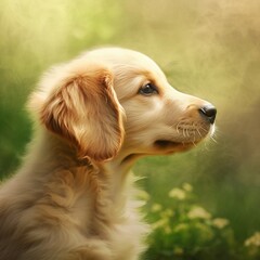 Profile portrait of a Golden Retriever puppy in the nature. Golden Retriever pup portrait on sunny summer day. Outdoor portrait of a beautiful young dog in summer field. AI generated.
