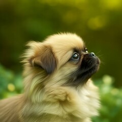 Profile portrait of a cute Pekingese puppy in the nature. Pekingese pup portrait on sunny summer day. Outdoor portrait of a beautiful young dog in a summer field. AI generated dog illustration.
