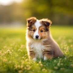 Sheltie puppy sitting on the green meadow in summer green field. Portrait of a cute Sheltie pup sitting on the grass with a summer landscape in the background. AI generated dog illustration.