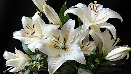 Detail of white lilies on black background. AI generated