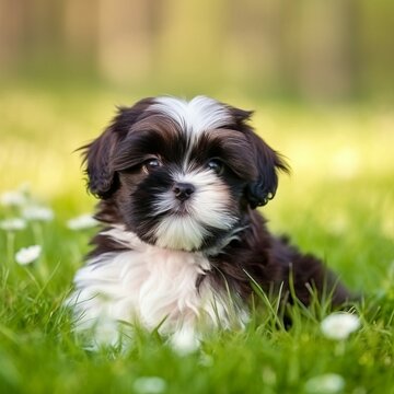 Shih Tzu puppy sitting on the green meadow in summer green field. Portrait of a cute Shih Tzu pup sitting on the grass with a summer landscape in the background. AI generated dog illustration.