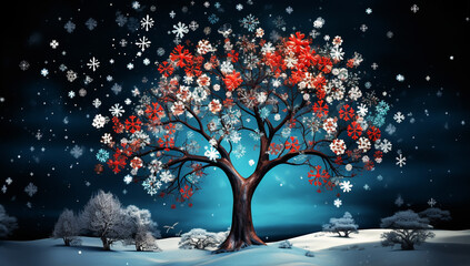 Trees wrapped in snowflakes in a Christmas atmosphere. AI generated
