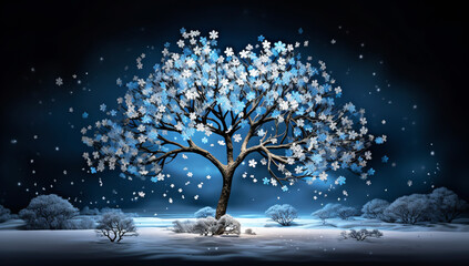 Trees wrapped in snowflakes in a Christmas atmosphere. AI generated