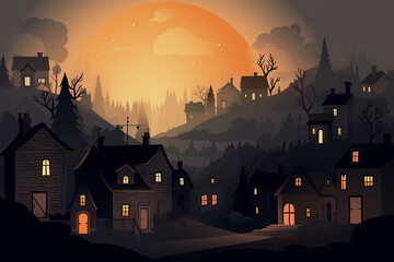 Night in a village, drawing in a cartoon style. Generative AI