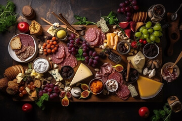 Obraz na płótnie Canvas Cheese plate with different types of cheese, delicatessen and fruits, top view, dark backround. Generative AI
