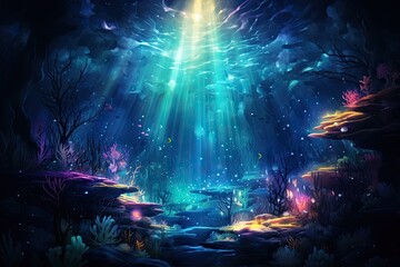 colourfull backdrop illustration of an underwarter cave with light rays and colorful corals - generative ai