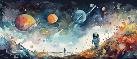 Obraz na płótnie Canvas colourful watercolor illustration of an astronaut on a planet with further planets in the sky - generative ai