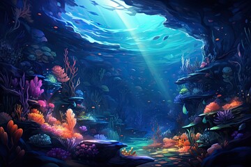 colourfull backdrop illustration of an underwarter cave with light rays and colorful corals - generative ai