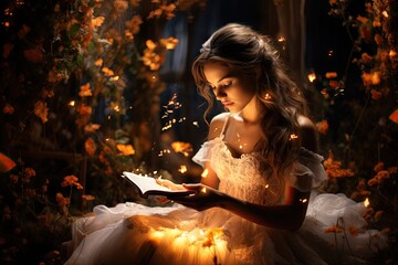 woman with white dress sitting in a forest reading a book - warm colors - dreamlike fantasy fairytale scene - imagination and magical story telling - generative ai - obrazy, fototapety, plakaty