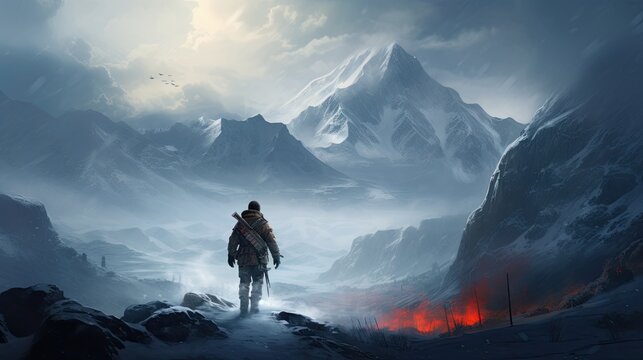 adventurer hiking in the snow on a mountain pass - concept art for a survical action role play video game - generative ai