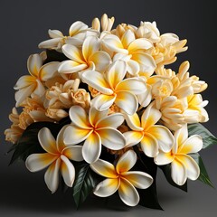 Beautiful illustration of blooming flowers of white-orange Plumeria on grey background. Bunch of white Plumeria, isolated on grey