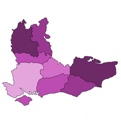 Fototapeta premium High Quality purple map of South East England is a region of England, with borders of the ceremonial counties and different colour.