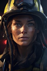 close up portrait of a female firefighter wearing a helmet - cinematic lighting - brave every day hero - generative ai