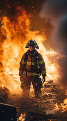 Naklejka premium Heat of the Battlefront: Firefighters Tackling the Inferno, Generative AI