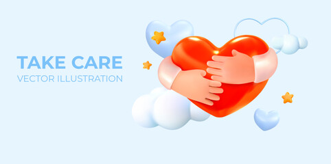 Take care, heart that embraces hands. Hugs. Love, care and attention. Vector illustration