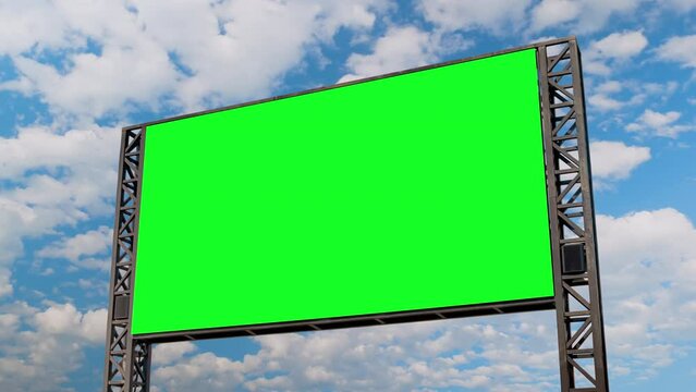Timelapse: blank green billboard or large display and moving white clouds against blue sky. Mock up, copy space, advertising, template, green screen, consumerism, time lapse and chroma key concept