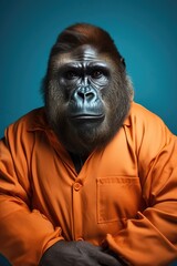 Portrait of gorilla in orange prison jumpsuit. AI generative art
