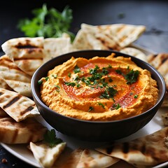 Classic hummus with chickpeas, enhanced by the allure of paprika, pita bread, olive oil, and traditional oriental spices