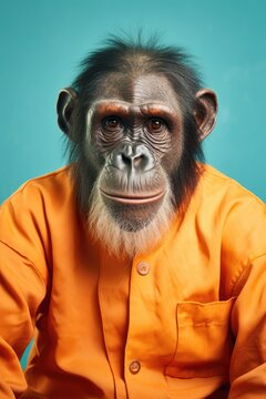 Portrait of chimpanzee in orange prison jumpsuit. AI generative art