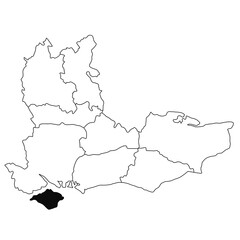 Map of Isle of Wight in South East England province on white background. single County map highlighted by black colour on South east England administrative map.
