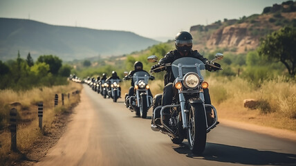 motorcycle riders ride together group of friends on road on motorcycle