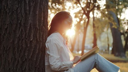 Beautiful asian young woman in glasses sitting under tree and reading a book at sunset. Lady with book resting relaxing in the city park. Enjoying vacation - Powered by Adobe