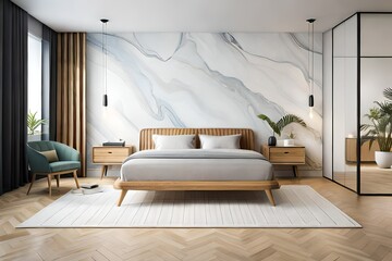 Modern bedroom interior mock up, wooden rattan bed on blank marble wall background, Scandinavian style, 3d render