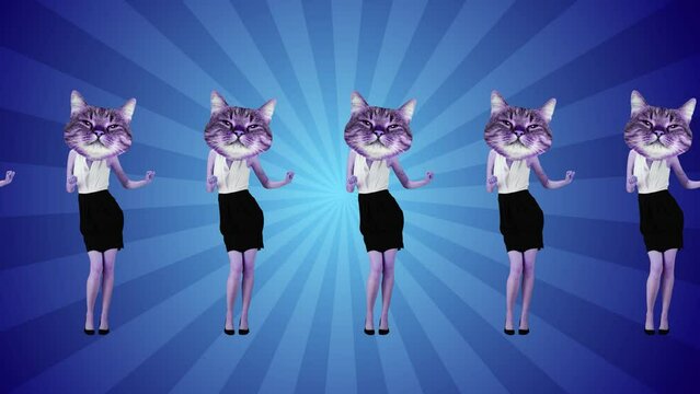 Creative design of female body with cats muzzle, wearing formal wear dancing against blue background. Stop motion, animation. Concept of party, surrealism, fun and joy, disco, animal theme, business