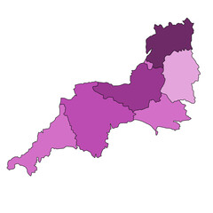 purple map of South West England is a region of England, with borders of the ceremonial counties and different colour.