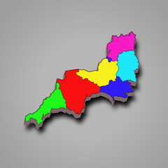 Obraz premium 3d rendering High Quality coloured map of South West England is a region of England, with borders of the ceremonial counties and different colour.