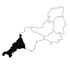 Map of Cornwall in South West England province on white background. single County map highlighted by black colour on South West England administrative map.