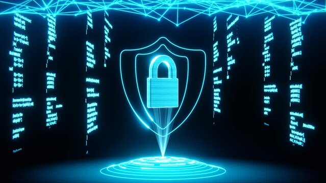 Rotating lock and shield icon hologram with abstract scrolling computer code in background. Concept of data encryption and cybersecurity. Seamlessly looping 3D animation  