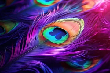 Poster Colorful peacock feathers vivid background © olegganko