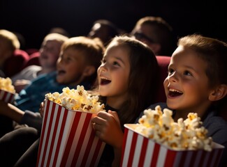 Young kids smiling waiting with popcorn at cinema