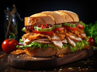 A tasty turkey and lettuce sandwich with a garnish of tomatoes and other vegetables