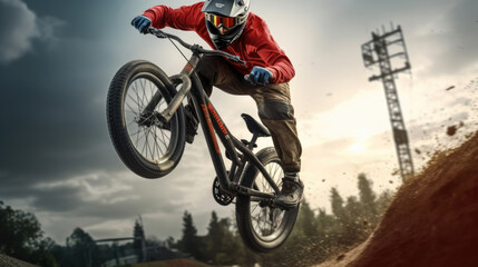 Fototapeta premium Teenage bmx BMX rider in action at skatepark