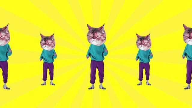 Funny image of man in casual clothes headed with cat muzzles dancing against yellow background. Stop motion, animation. Concept of party, surrealism, creative vision, fun and joy, disco, animal theme