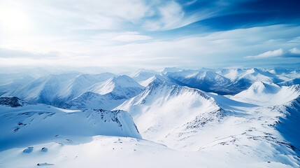 Fototapeta na wymiar Drone view, mountain range in winter, snow-capped mountains, ridge. ai generation