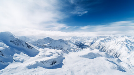 Fototapeta na wymiar Drone view, mountain range in winter, snow-capped mountains, ridge. ai generation