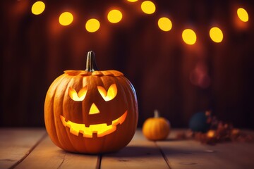 Big pumpkin with carved funny glowing face standing on background of Halloween decor. Close up of jack-o-lantern on wooden table. Halloween holiday concept. Blurred background