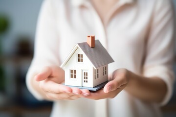 Building, mortgage, investment, real estate and property concept - close up of woman holding home or house model