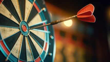 Close-up of DARTS hitting a bullseye target