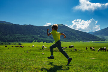 Boy running fast on mountains and meadow with farm animals background