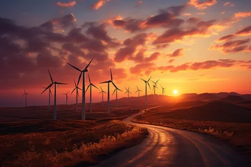 Fotobehang Bordeaux Wind turbines in the sunset