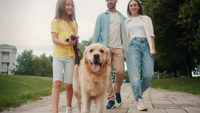 Happy family walks with dog in city area with lawn past trees