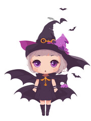 Beautiful young teenager witch wearing purple dress holding trick or treat pumpkin bag